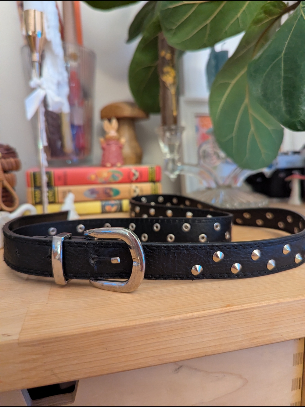 Studded Black Faux Leather Belt with Silver Hardware